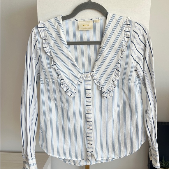 Anthropologie Tops - Anthropologie Blue and White Striped Ruffle Collar Button-Down Shirt